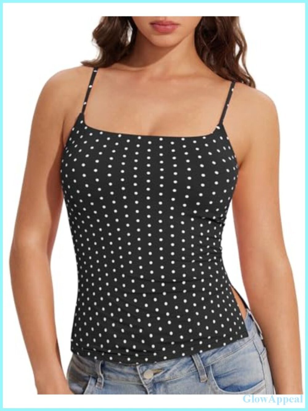 Built in Bra Tank Top Square Neck Adjustable Spaghetti Strap Sleeveless Side
